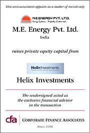 Corporate Finance Associates Advises M.E Energy for raising Private Equity from Helix Investments 