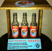 Recycled bottles used to package Ricante Hot Sauce.